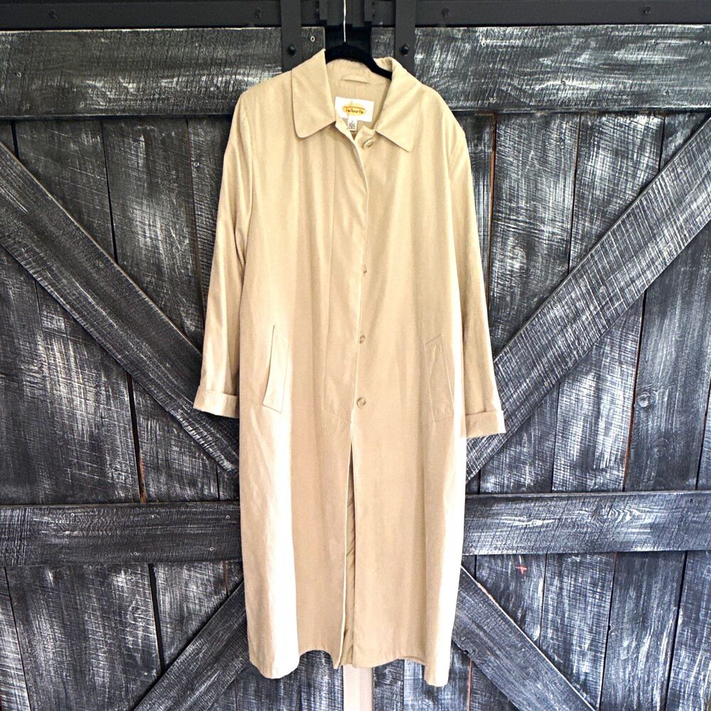 Talbots Suede Long Trench Coat Lined Button Belt Pockets Beige Women’s 14